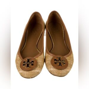 Tory Burch Reva Woven Raffia Ballet Flats Brown Leather Logo